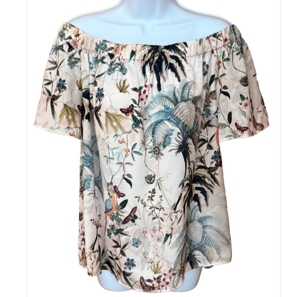 H&M Off the Shoulder Satin Blouse sz 12 Tropical Parrot Garden Girl Flowy EUC